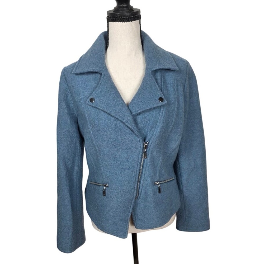 Chico's Moto Jacket Women Size M 8 Blue 100% Wool Asymmetrical Zip Outerwear